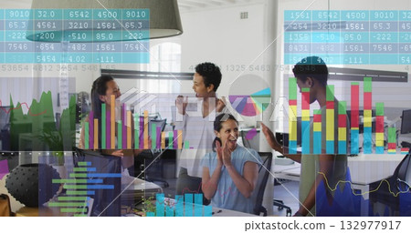 Celebrating success, four professional women cheering around office desk, with data chart overlays Celebrating success, four professional women cheering around office desk, with data chart overlays 132977917