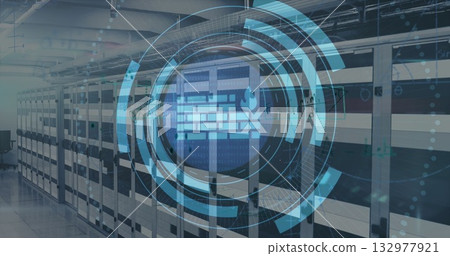 Hovering digital firewall icon showing circular UI elements in data center aisle, with server racks Hovering digital firewall icon showing circular UI elements in data center aisle, with server racks 132977921