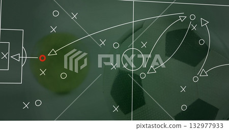 Displaying chalkboard-style soccer tactics with X and O markers, arrows, red circle, blurred ball Displaying chalkboard-style soccer tactics with X and O markers, arrows, red circle, blurred ball 132977933