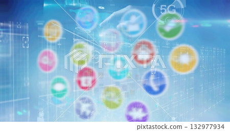 Displaying smartphone held by right hand in server rack aisle, with holographic app icons floating Displaying smartphone held by right hand in server rack aisle, with holographic app icons floating 132977934