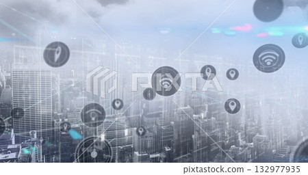 Hovering digital interface icons showing network links over foggy urban skyline, with glowing nodes 132977935