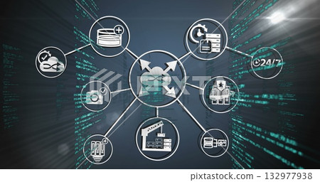 Showing network diagram highlighting data icons in cyberspace, with loop arrow and database symbol 132977938