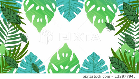 Framing tropical leafy border around white center, using layered monstera, palm fronds, fern leaves Framing tropical leafy border around white center, using layered monstera, palm fronds, fern leaves 132977943