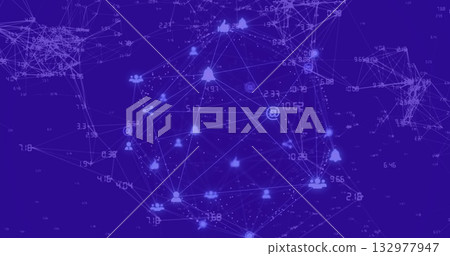 Showcasing glowing network sphere forming data web in digital space, with icon nodes and labels Showcasing glowing network sphere forming data web in digital space, with icon nodes and labels 132977947