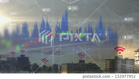 Data overlay spanning urban skyline at dusk, with stock charts, network signals, thumbs-up icons 132977952