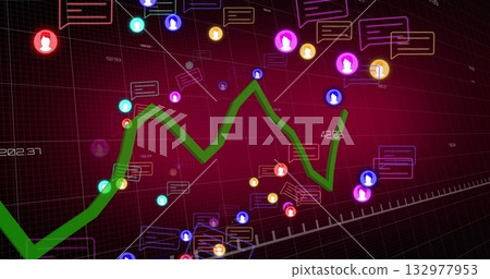 Showing analytics dashboard displaying wavy green zigzag graph with neon avatars and speech icons 132977953