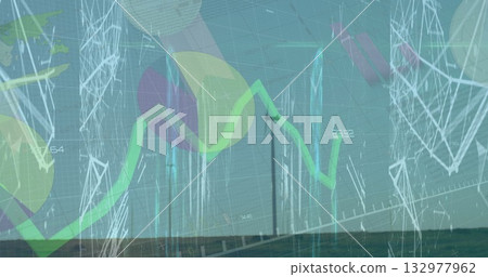 Showing two tall wind turbines on grass plain, with line and bar charts floating across sky Showing two tall wind turbines on grass plain, with line and bar charts floating across sky 132977962