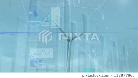 Standing wind turbine displaying chart overlays over coastal horizon, with financial data panels Standing wind turbine displaying chart overlays over coastal horizon, with financial data panels 132977963