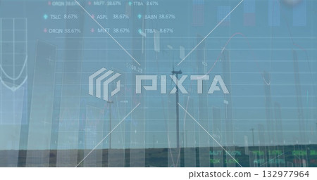 Displaying utility pole holding cross-arms power lines on rural plain, with financial data overlay Displaying utility pole holding cross-arms power lines on rural plain, with financial data overlay 132977964