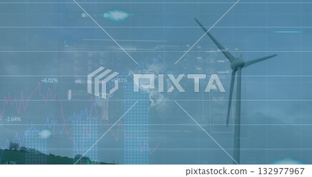 showing wind turbine on grassy hillside with percent charts, rotating globe HUD panels, copy space showing wind turbine on grassy hillside with percent charts, rotating globe HUD panels, copy space 132977967