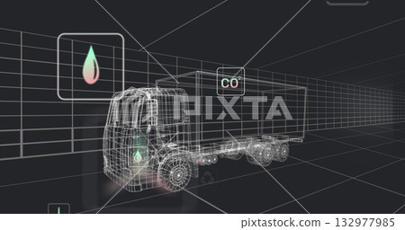 Displaying wireframe semi truck trailer in grid simulation, with floating fuel drop and CO2 icons 132977985