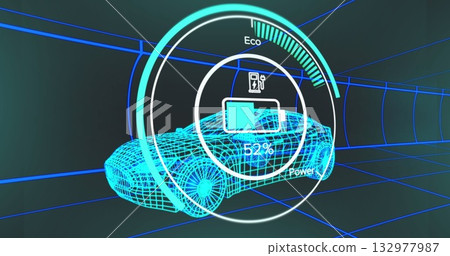 Rendering neon blue wireframe car driving through grid tunnel, showing 52% battery icon and Eco arc 132977987