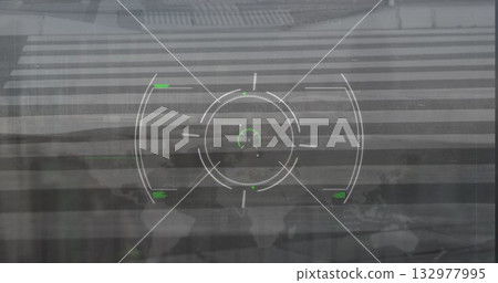 Displaying central HUD reticle hovering above urban crosswalk interface, with world map projection 132977995