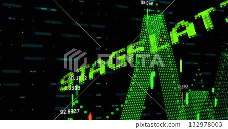 Rendering 3D STAGFLATION text floating in digital display, with candlestick bars and data overlays Rendering 3D STAGFLATION text floating in digital display, with candlestick bars and data overlays 132978003