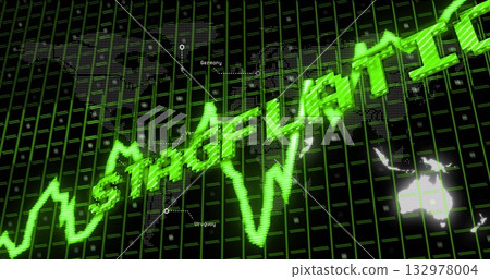 Displaying green jagged line chart with 3D STAGFLATION in green trading grid, world map overlay Displaying green jagged line chart with 3D STAGFLATION in green trading grid, world map overlay 132978004