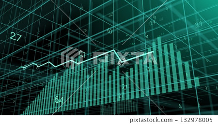 Displaying turquoise 3D bar chart in grid space, with glowing white line graph and numeric labels Displaying turquoise 3D bar chart in grid space, with glowing white line graph and numeric labels 132978005