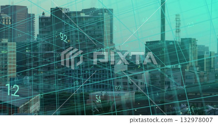Displaying urban skyline under turquoise data grid overlay in downtown, with numeric values Displaying urban skyline under turquoise data grid overlay in downtown, with numeric values 132978007