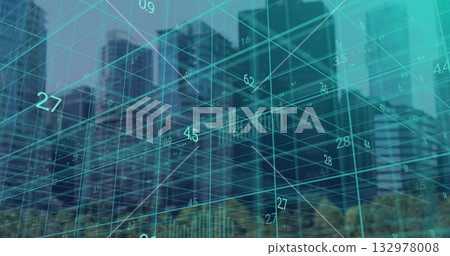 Displaying turquoise 3D grid over urban street with numeric labels above skyscrapers and trees Displaying turquoise 3D grid over urban street with numeric labels above skyscrapers and trees 132978008