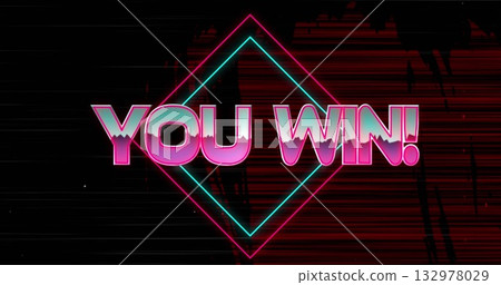 Displaying neon YOU WIN text over retro synthwave gaming interface, glowing cyan magenta diamond Displaying neon YOU WIN text over retro synthwave gaming interface, glowing cyan magenta diamond 132978029