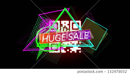 Displaying QR code and huge sale banner in dark layout with neon shapes and halftone patterns 132978032