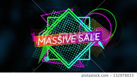 Glowing neon shapes and dot patterns shining around banner in digital ad, with MASSIVE SALE text 132978033