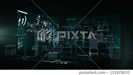 3D wireframe city model floating in virtual simulation, with translucent planes showing equations 132978035
