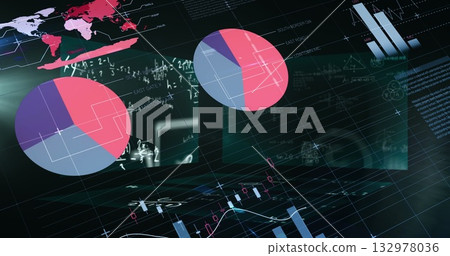 Displaying dashboard on grid, showing pie charts world map heatmap candlestick-bar charts equations 132978036