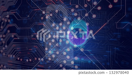 Displaying holographic fingerprint and padlock icon merging with circuitry in network, neon lines Displaying holographic fingerprint and padlock icon merging with circuitry in network, neon lines 132978040