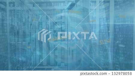 Bank of server racks streaming binary code via cables in data center, with holographic interface Bank of server racks streaming binary code via cables in data center, with holographic interface 132978058