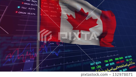 Billowing Canadian flag flying across digital trading screen with colored line graphs and tickers Billowing Canadian flag flying across digital trading screen with colored line graphs and tickers 132978071