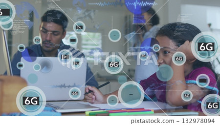 Collaborating family using laptop solving homework at table in study with 6G overlay, copy space 132978094