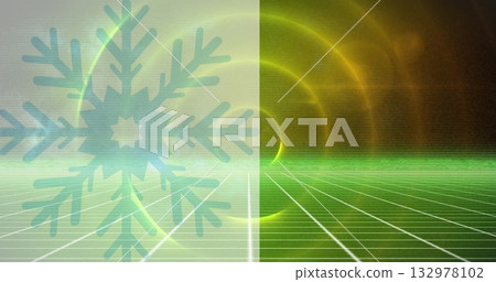 Projecting translucent aqua snowflake over sci-fi plane with neon green grid floor and golden rings Projecting translucent aqua snowflake over sci-fi plane with neon green grid floor and golden rings 132978102