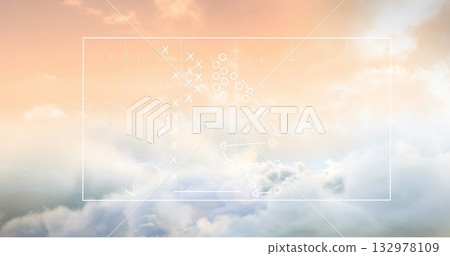 Floating white rectangular frame hovering above dawn pastel clouds, with X O markers and arrows 132978109