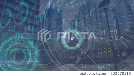 Displaying central circular gauge over urban skyline, with floating numeric readouts and bar charts 132978110