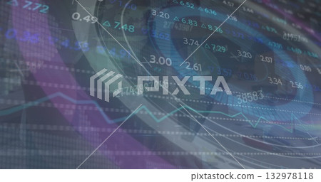 Displaying data analytics on dashboard, with rings, numeric overlays, arrows, chart traces, grid Displaying data analytics on dashboard, with rings, numeric overlays, arrows, chart traces, grid 132978118