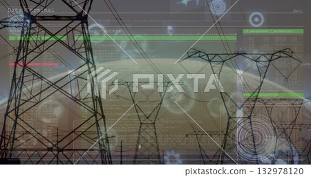 Extending lattice towers with power lines across corridor at dusk with data panels and HUD graphics Extending lattice towers with power lines across corridor at dusk with data panels and HUD graphics 132978120
