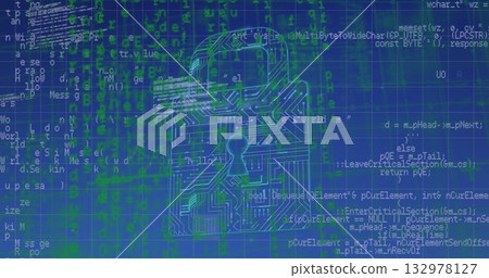 Displaying stylized padlock icon with keyhole on blue grid background, with floating code snippets Displaying stylized padlock icon with keyhole on blue grid background, with floating code snippets 132978127