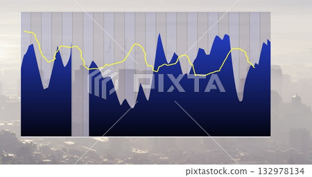 Displaying area and line chart over urban skyline, with dark blue graph, yellow line, interval bars Displaying area and line chart over urban skyline, with dark blue graph, yellow line, interval bars 132978134