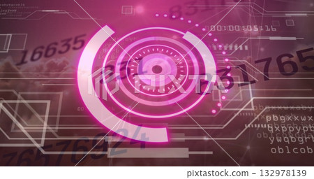 Displaying concentric gauge hovering over cloud backdrop with segmented arcs and numeric readouts Displaying concentric gauge hovering over cloud backdrop with segmented arcs and numeric readouts 132978139