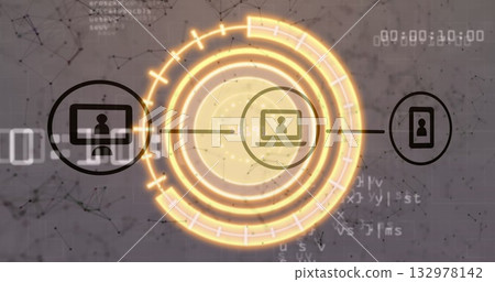 Connecting laptop icon with glowing rings across digital network, with monitor and smartphone icons Connecting laptop icon with glowing rings across digital network, with monitor and smartphone icons 132978142