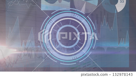 Displaying central concentric HUD graphic over virtual interface, with line charts and lens flare 132978143