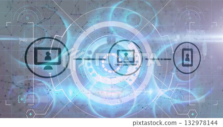 Displaying circular holographic interface in grid background with monitor, laptop, smartphone icons 132978144