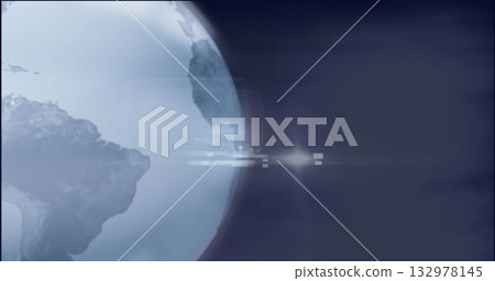 Rotating Earth globe in deep space with digital glitch bars, light streaks, lens flare, copy space 132978145