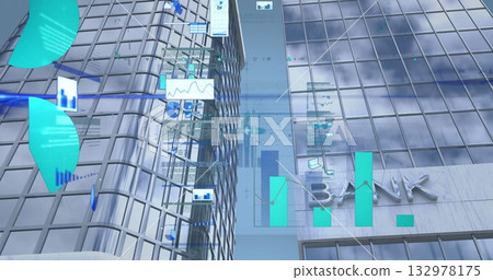 Displaying glass-clad bank building showing holographic charts and metal BANK sign in financial hub 132978175