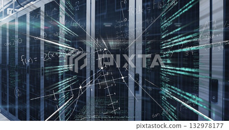Glowing server rack in data center corridor, with LED lights, binary streams, mathematical overlays Glowing server rack in data center corridor, with LED lights, binary streams, mathematical overlays 132978177