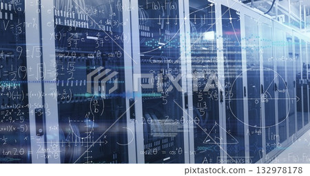 Showing central server racks displaying blinking LEDs in data center, with equation overlays 132978178