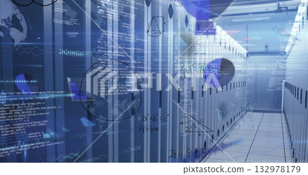 Streaming code overlays hovering over server racks in data center corridor, analytics visualization 132978179