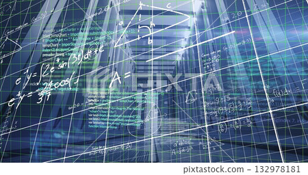 Displaying data corridor spanning panels in data center, with floating grid lines and formulas Displaying data corridor spanning panels in data center, with floating grid lines and formulas 132978181