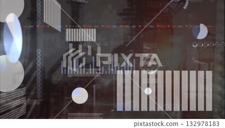 Displaying HUD-style dashboard showing data graphs in industrial backdrop, with bar and pie charts Displaying HUD-style dashboard showing data graphs in industrial backdrop, with bar and pie charts 132978183