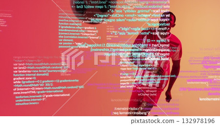 Leaning African American man projecting code snippets in gradient-lit studio, copy space Leaning African American man projecting code snippets in gradient-lit studio, copy space 132978196